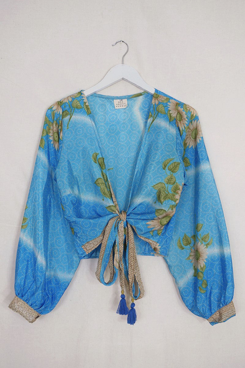 Lola Wrap Top - Sky Blue Daisies - Size S/M by All About Audrey