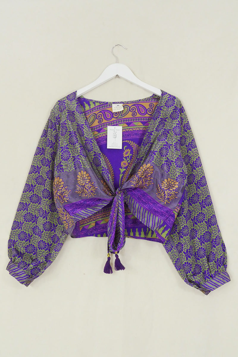 SALE Lola Wrap Top - Electric Green & Purple Paisley - Size M/L by All About Audrey