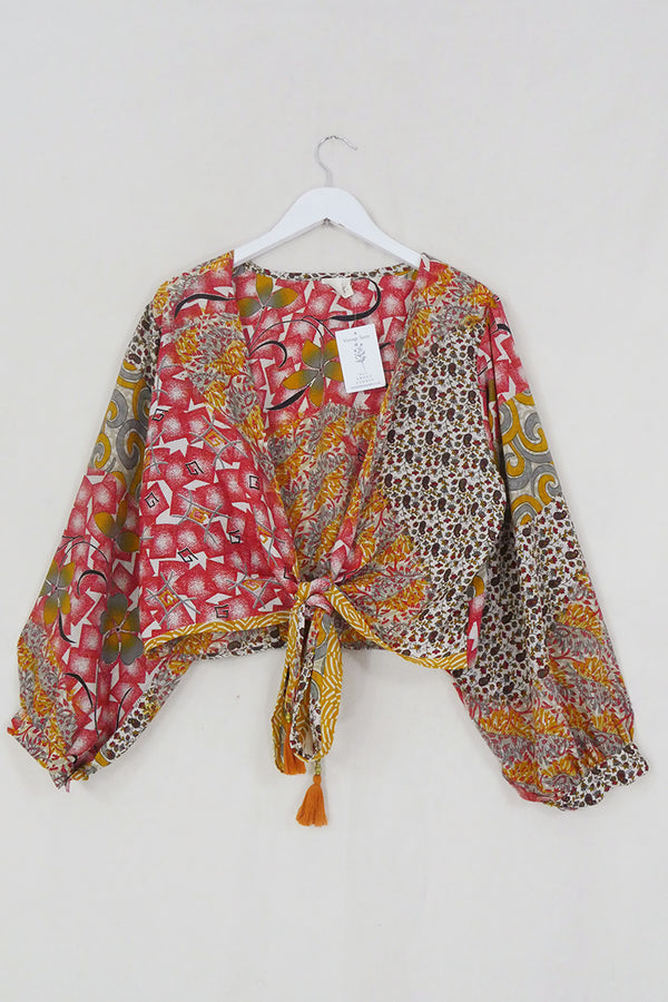 Lola Wrap Top - Rouge & Amber Abstract Patchwork - Size L/XL by All About Audrey