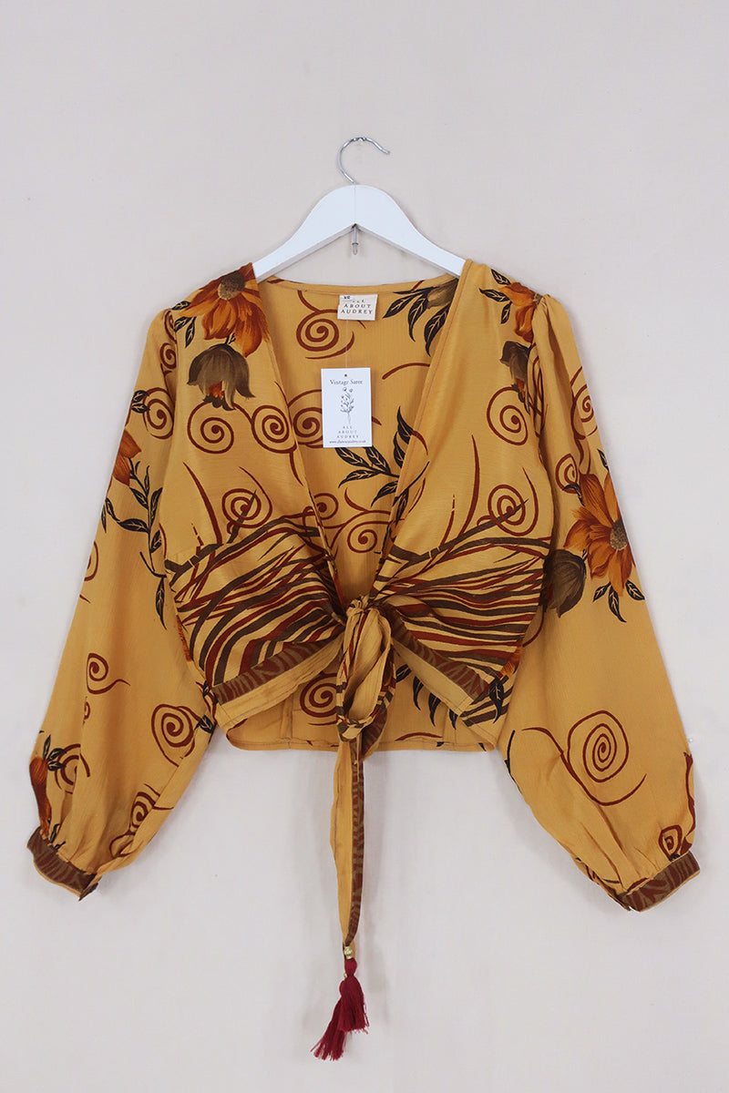 SALE Lola Wrap Top - Sunflower Yellow Floral Swirl - Size XS by All About Audrey