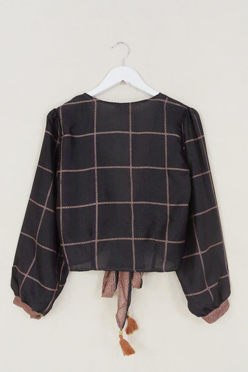 Lola Wrap Top - True Black & Bronze Check - Size XS by All About Audrey