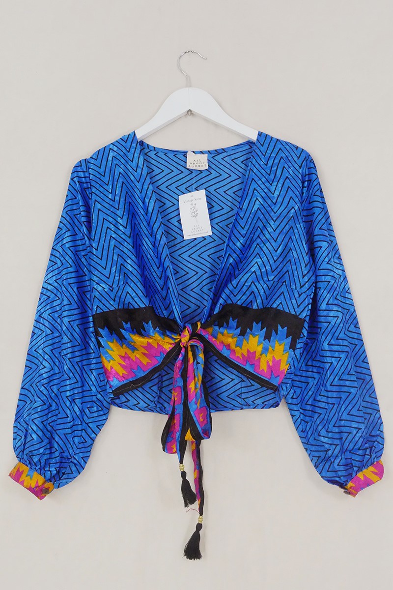 SALE Lola Wrap Top - Cobalt Blue & Black Zig Zag - Size XS by All About Audrey