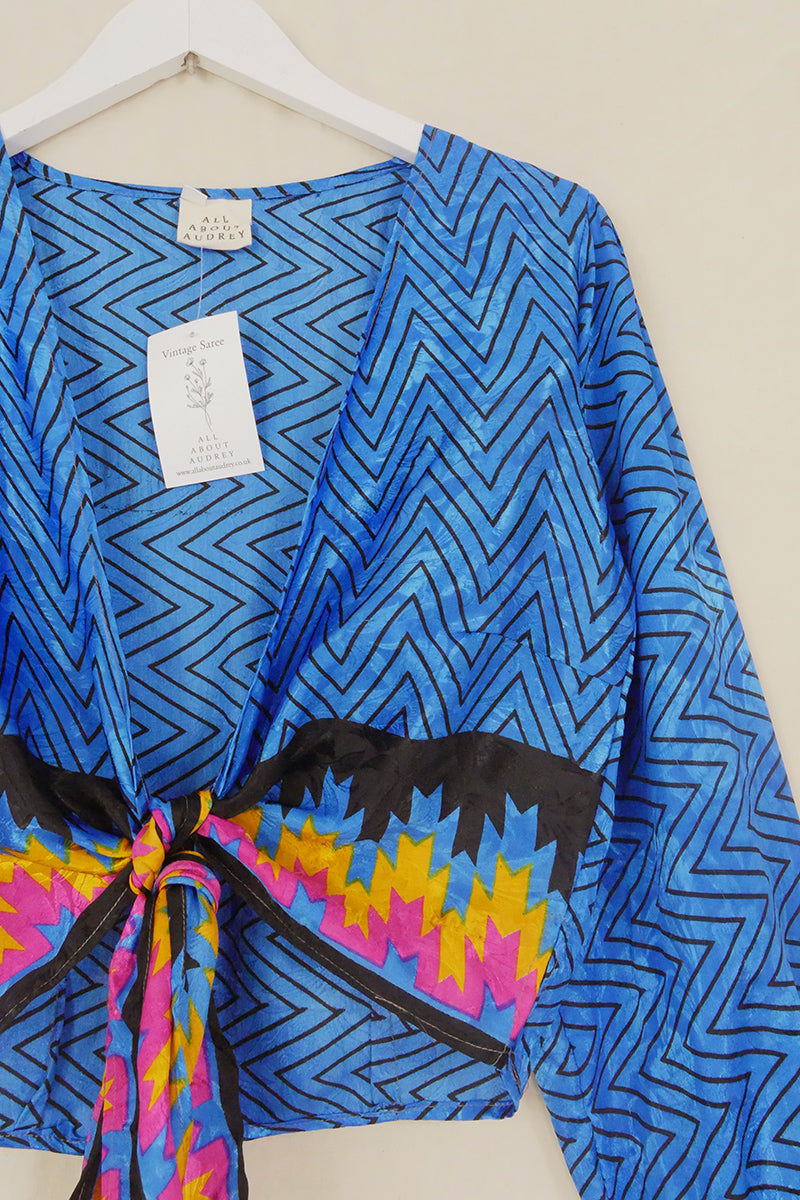 SALE Lola Wrap Top - Cobalt Blue & Black Zig Zag - Size XS by All About Audrey