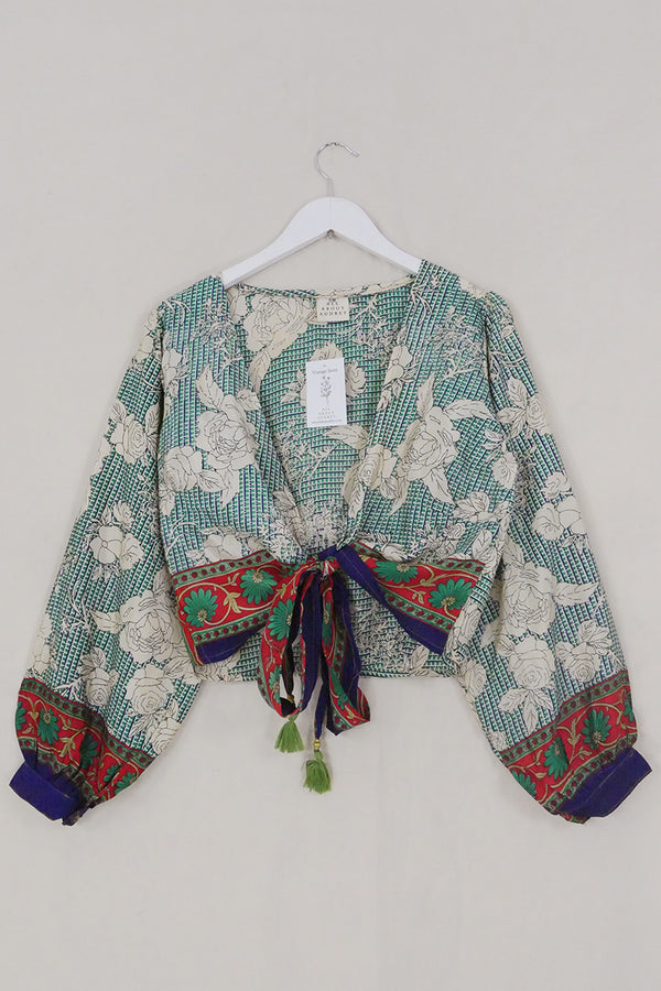 Lola Wrap Top - Emerald & Navy Rose Collage - Size S/M