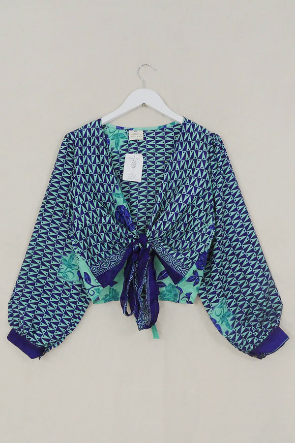 Lola Wrap Top - Two Tone Blue Abstract - Size S/M by All About Audrey