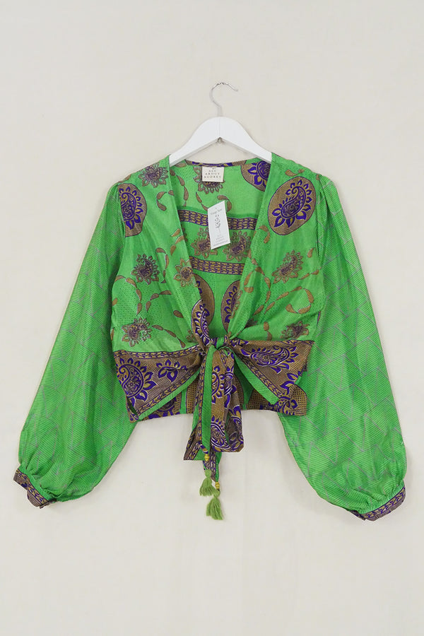 Lola Wrap Top - Lime Green & Swirling Paisley - Size M/L by All About Audrey