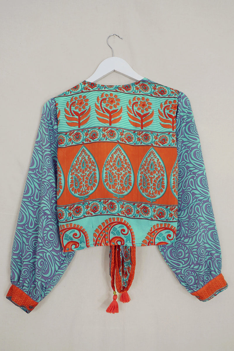 Lola Wrap Top - Aqua & Rust Sunflower Swirls - Size S/M by All About Audrey