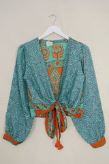 Lola Wrap Top - Aqua & Rust Sunflower Swirls - Size S/M by All About Audrey