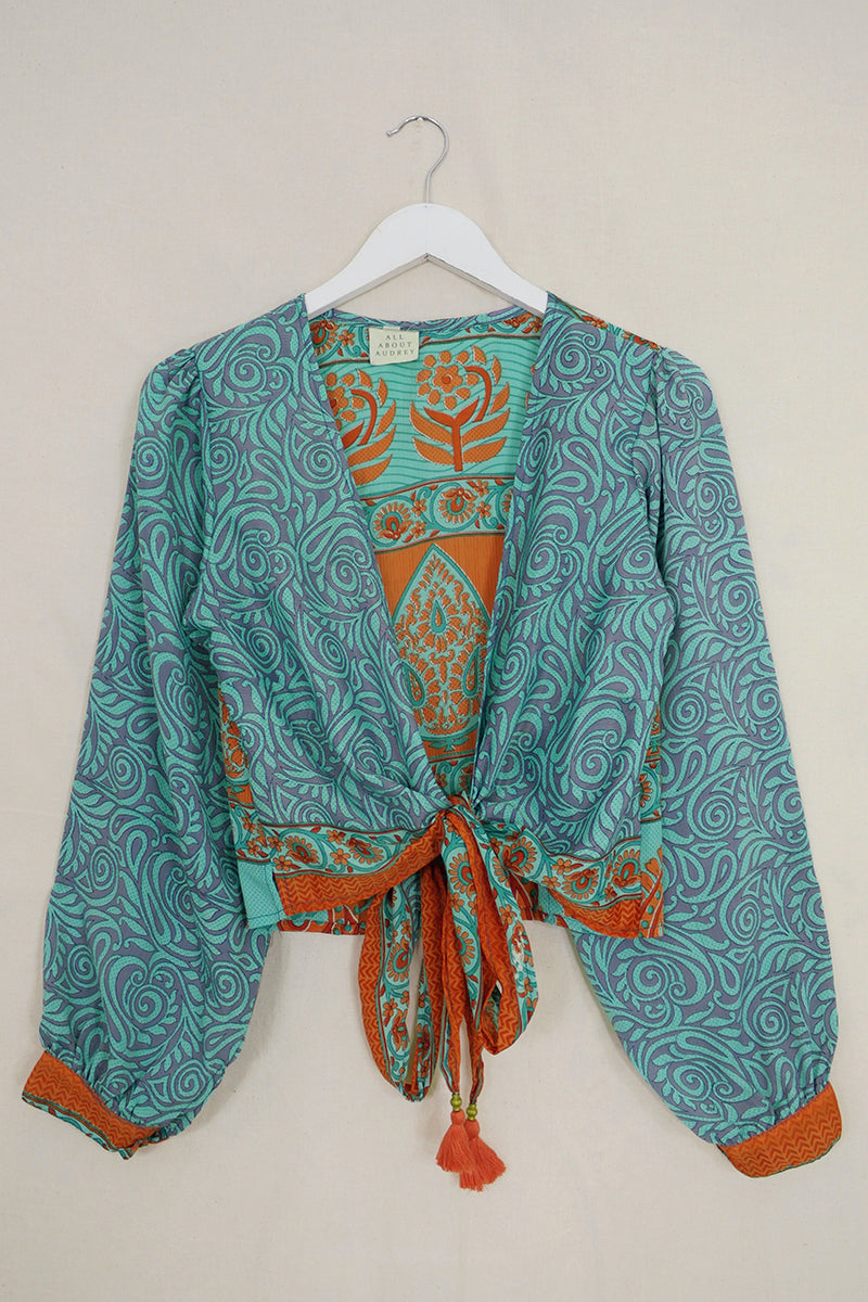 Lola Wrap Top - Aqua & Rust Sunflower Swirls - Size S/M by All About Audrey