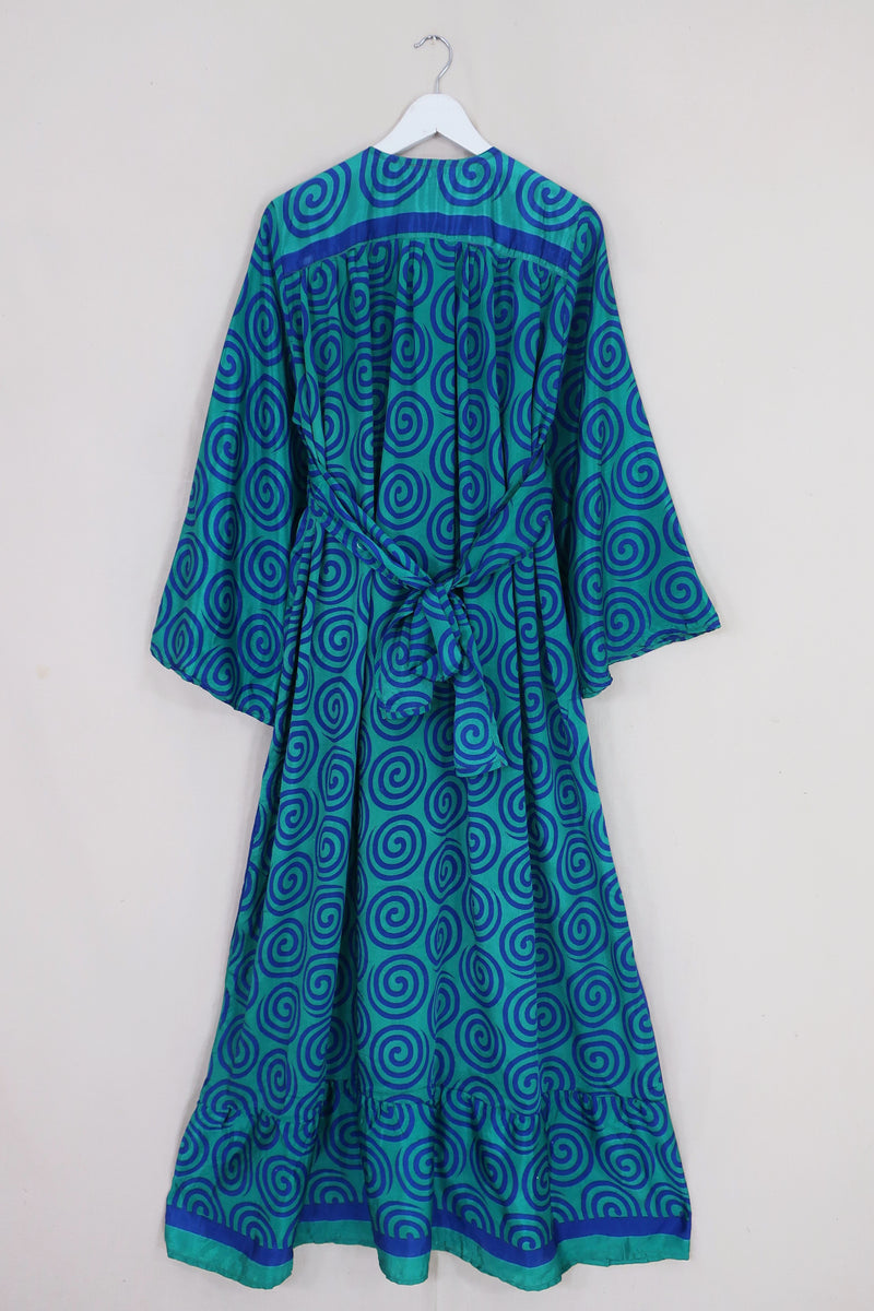 Lunar Maxi Dress - Vintage Sari - Indigo & Sky Swirls - Size S/M