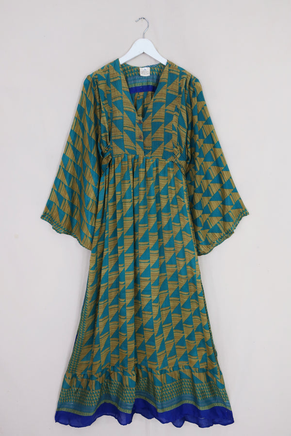 Lunar Maxi Dress - Vintage Sari - Geometric Teal & Sandstone - Size S/M