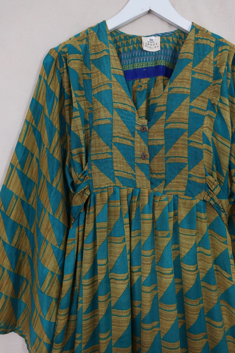 Lunar Maxi Dress - Vintage Sari - Geometric Teal & Sandstone - Size S/M