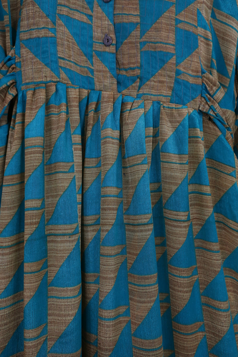 Lunar Maxi Dress - Vintage Sari - Geometric Teal & Sandstone - Size S/M