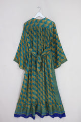 Lunar Maxi Dress - Vintage Sari - Geometric Teal & Sandstone - Size S/M