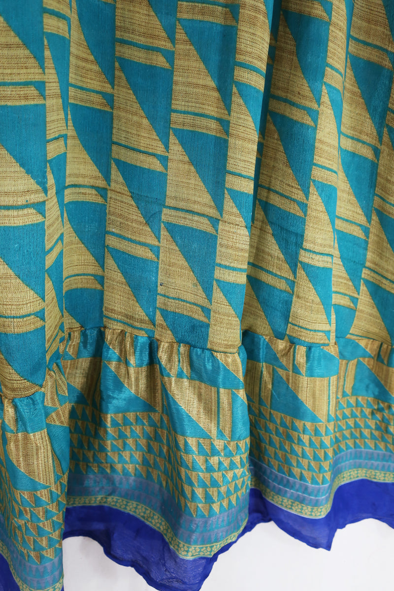 Lunar Maxi Dress - Vintage Sari - Geometric Teal & Sandstone - Size S/M