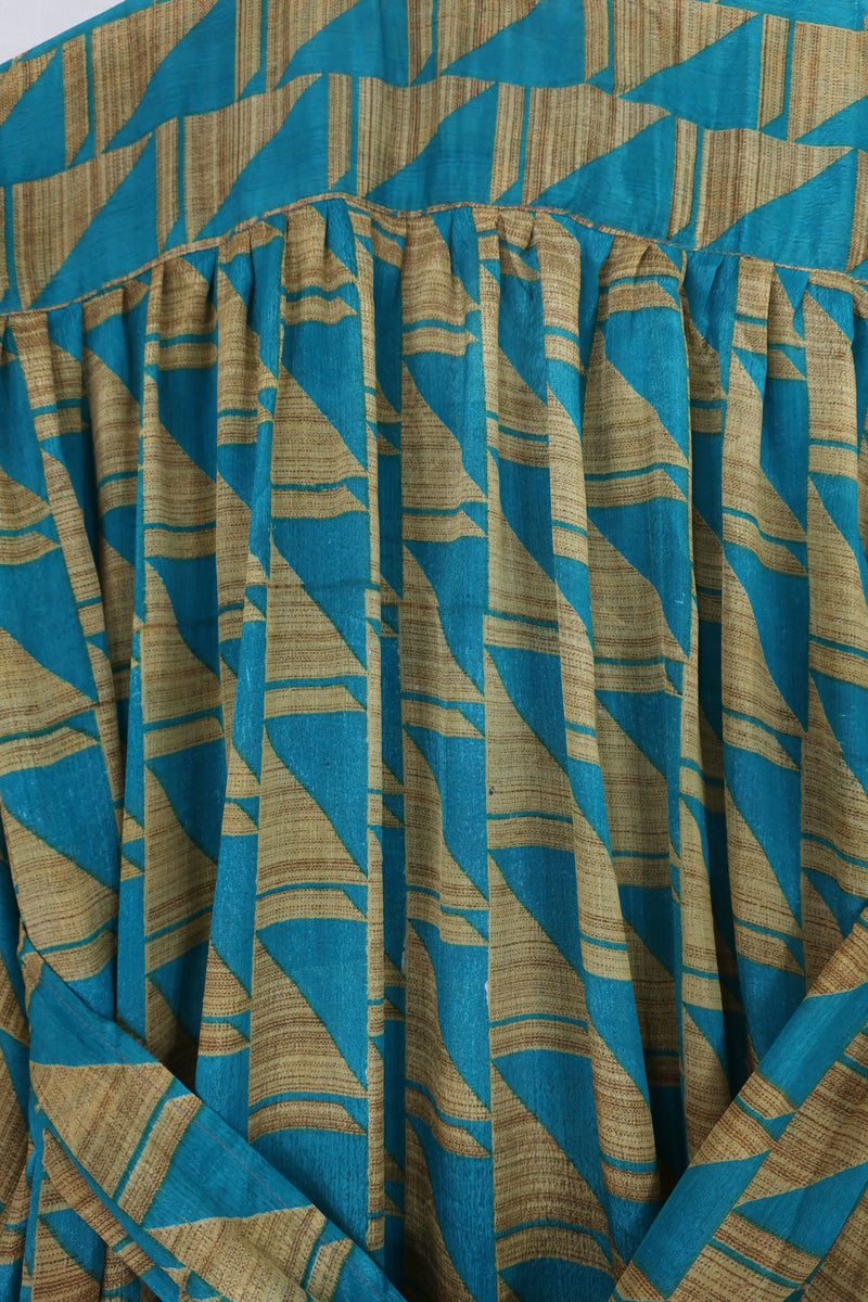 Lunar Maxi Dress - Vintage Sari - Geometric Teal & Sandstone - Size S/M