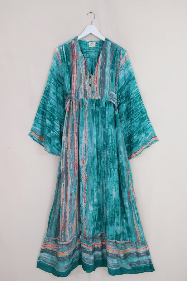 Lunar Maxi Dress - Vintage Sari - Aqua & Coral Currents - Size S/M