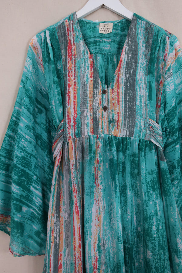 Lunar Maxi Dress - Vintage Sari - Aqua & Coral Currents - Size S/M