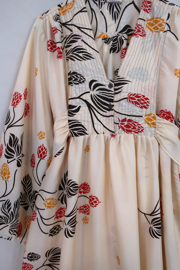 Lunar Maxi Dress - Vintage Sari - Vintage White Falling Flowers - Size S/M