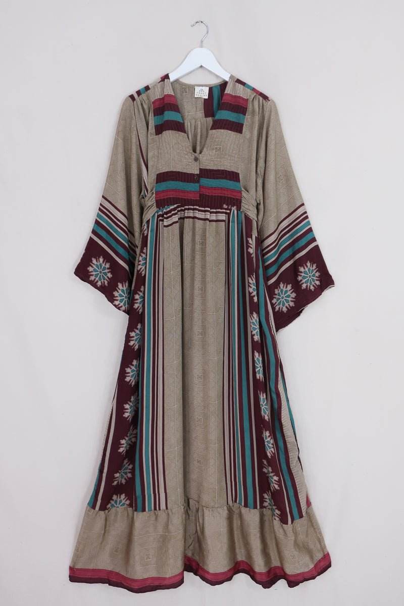 Lunar Maxi Dress - Vintage Sari - Bronze & Burgundy Suns - Size S/M