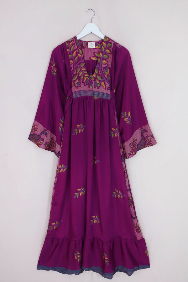 Lunar Maxi Dress - Vintage Sari - Orchid Purple Leaves - Size XS