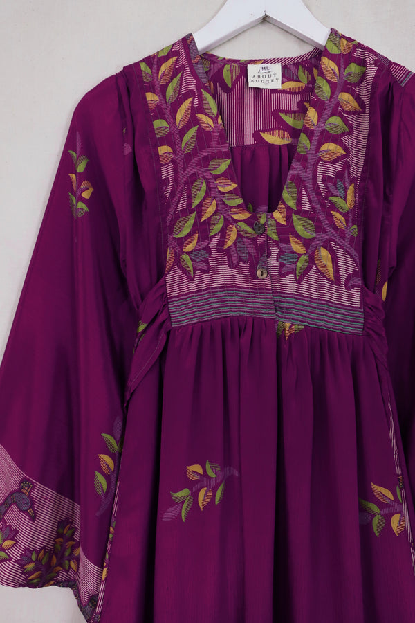 Lunar Maxi Dress - Vintage Sari - Orchid Purple Leaves - Size XS