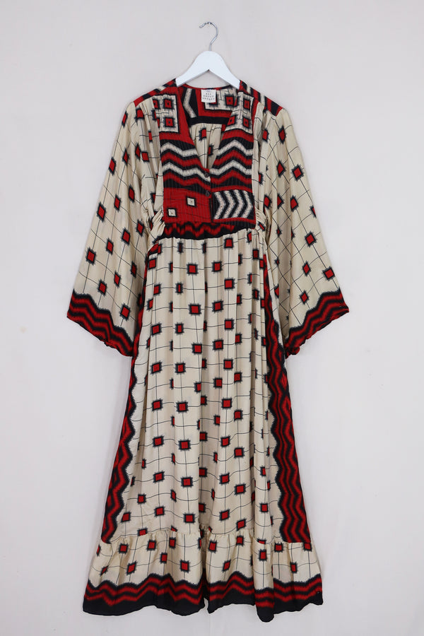 Lunar Maxi Dress - Vintage Sari - Silver & Scarlet Mosaic - Size S/M