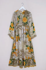 Lunar Maxi Dress - Vintage Sari - Yellow Rose Garden - Size S/M