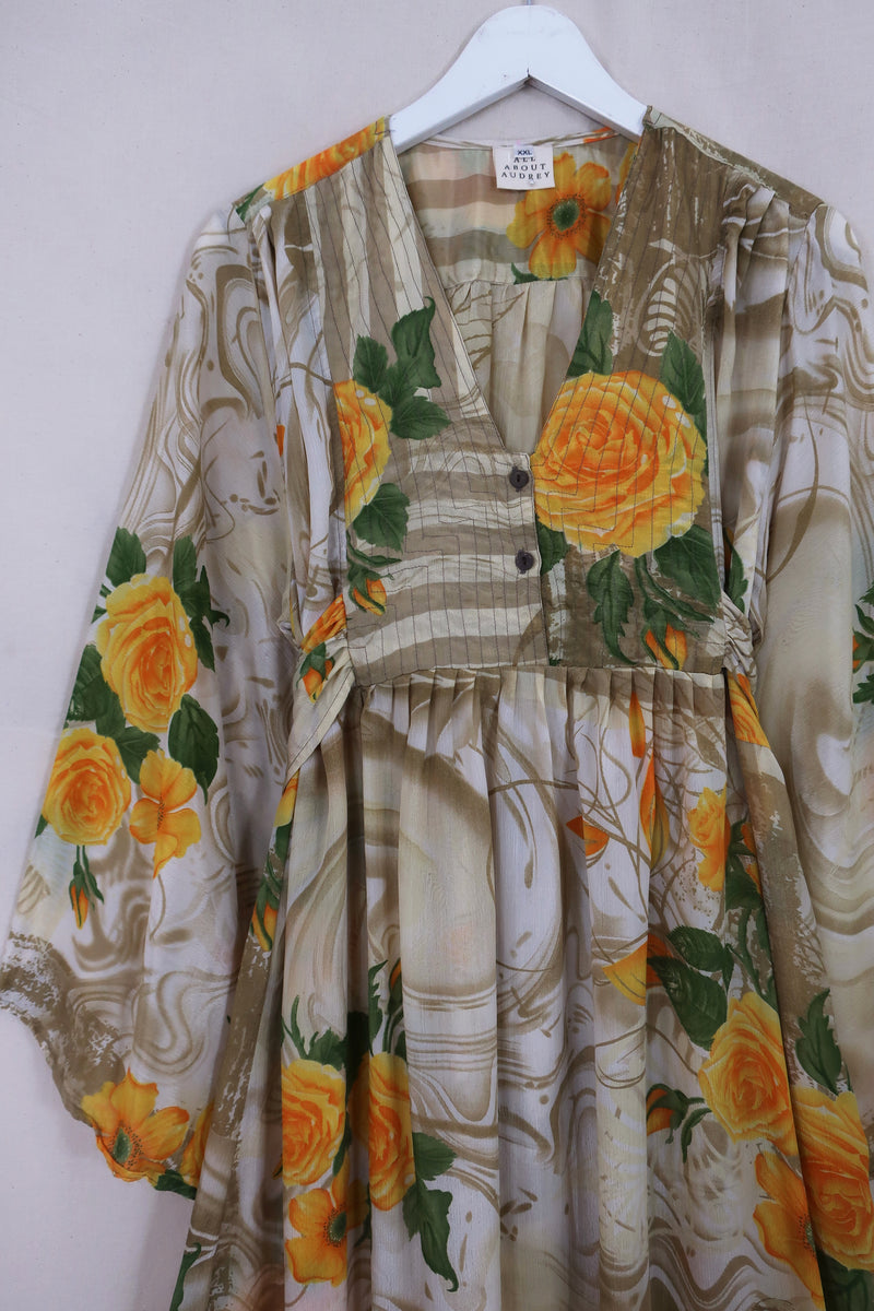 Lunar Maxi Dress - Vintage Sari - Yellow Rose Garden - Size S/M