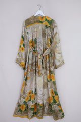 Lunar Maxi Dress - Vintage Sari - Yellow Rose Garden - Size S/M