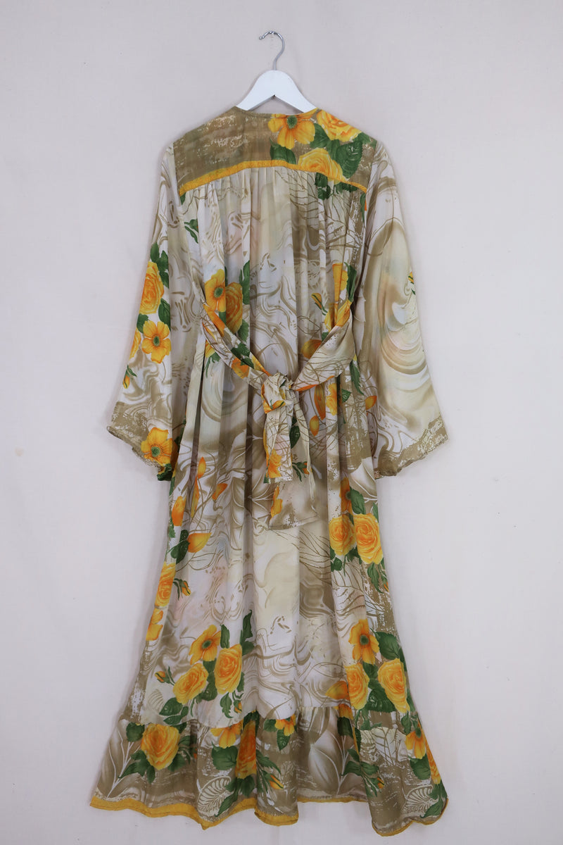 Lunar Maxi Dress - Vintage Sari - Yellow Rose Garden - Size S/M