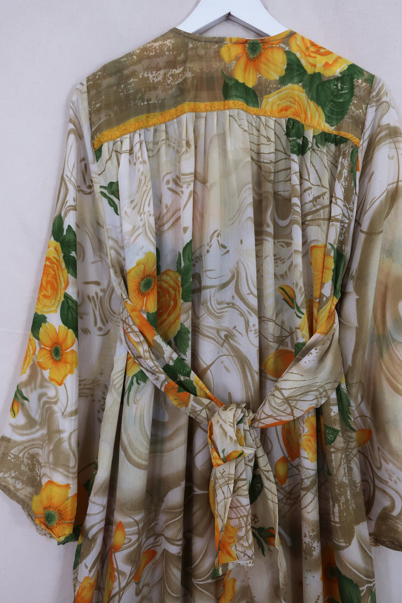 Lunar Maxi Dress - Vintage Sari - Yellow Rose Garden - Size S/M