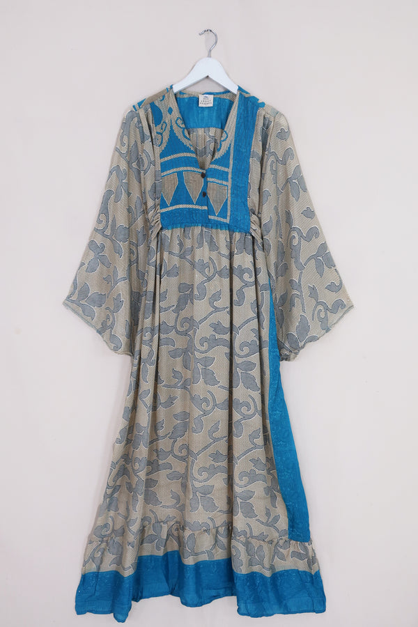 Lunar Maxi Dress - Vintage Sari - Ivory & Blue Nouveau - Size S/M