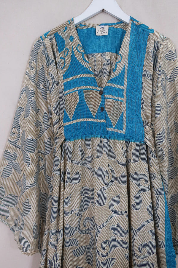 Lunar Maxi Dress - Vintage Sari - Ivory & Blue Nouveau - Size S/M