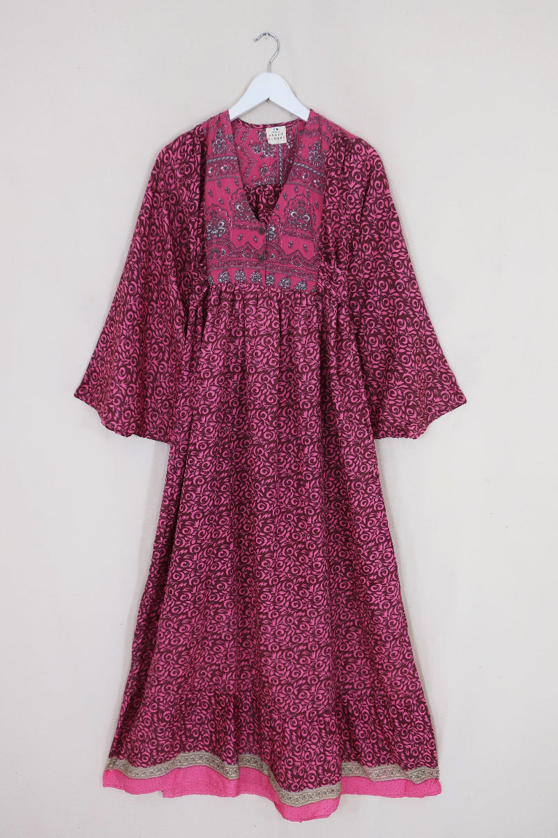 Lunar Maxi Dress - Vintage Sari - Pink Rose Blossom - Size XS