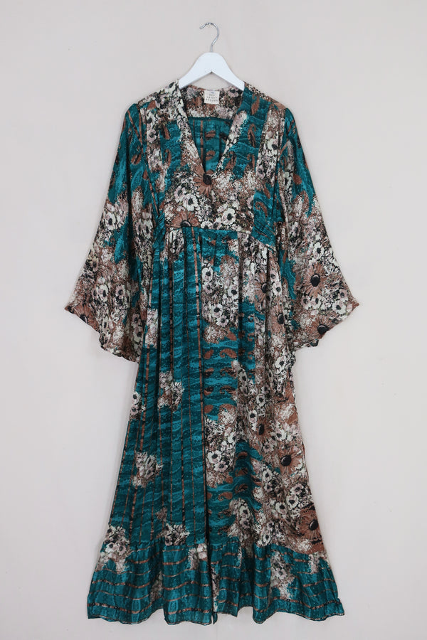 Lunar Maxi Dress - Vintage Sari - Mottled Teal Floral - Size S/M