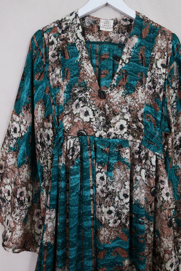 Lunar Maxi Dress - Vintage Sari - Mottled Teal Floral - Size S/M