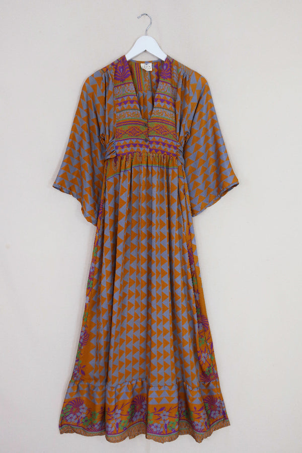 Lunar Maxi Dress - Vintage Sari - Cool Blue & Copper Haze - Size XS