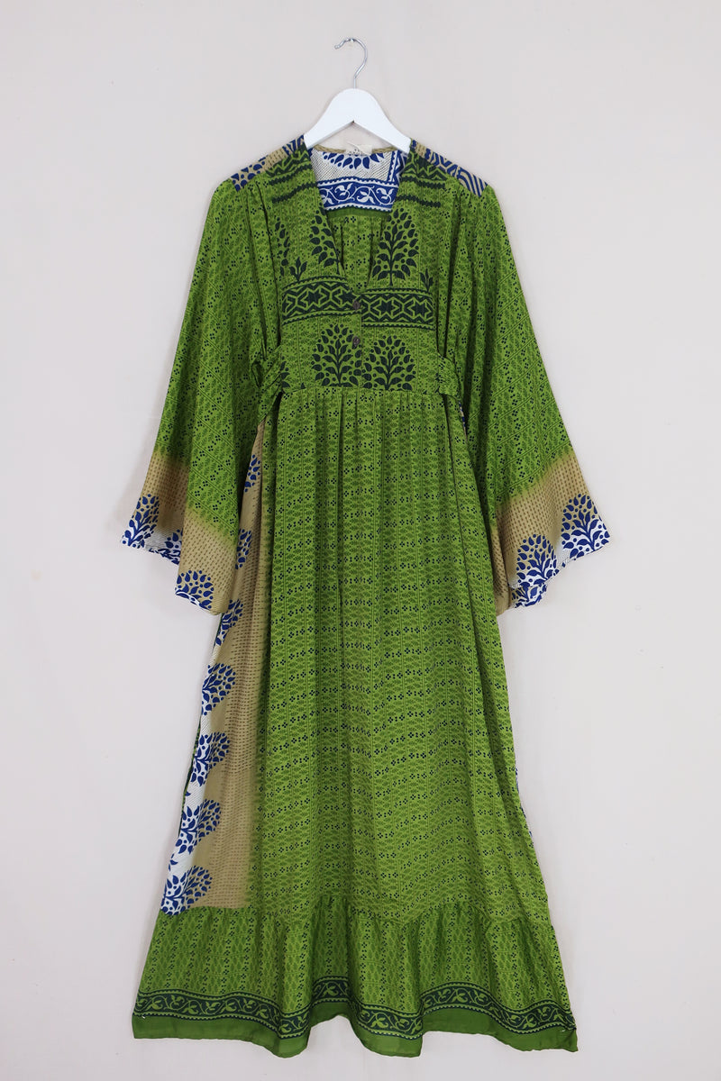 Lunar Maxi Dress - Vintage Sari - Folky Citrus Green - Size S/M