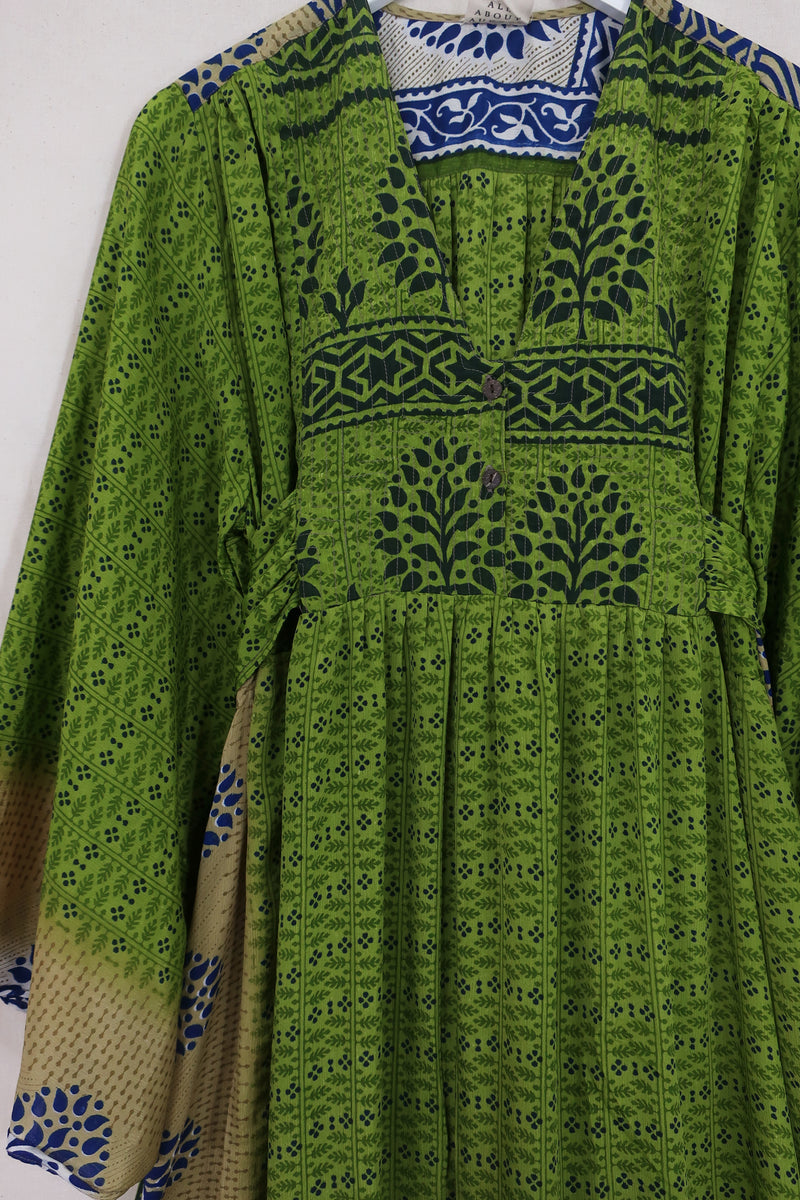 Lunar Maxi Dress - Vintage Sari - Folky Citrus Green - Size S/M