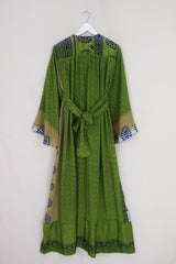 Lunar Maxi Dress - Vintage Sari - Folky Citrus Green - Size S/M