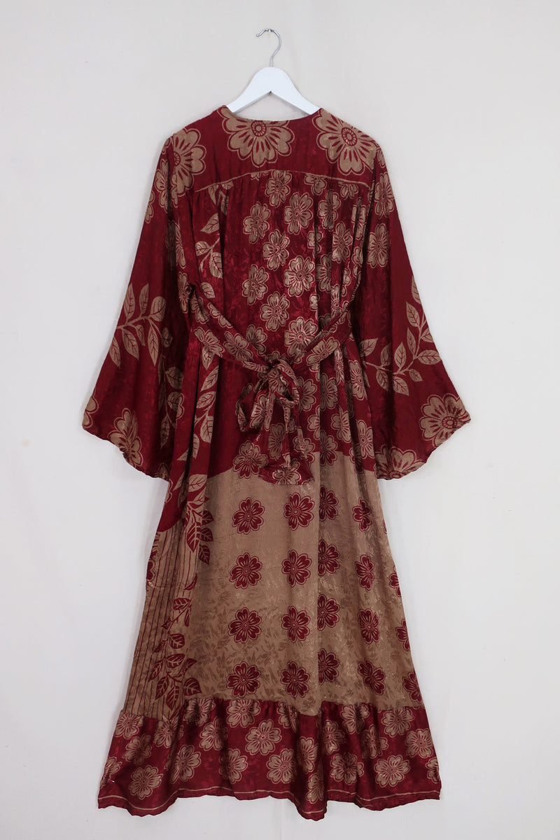 SALE Lunar Maxi Dress - Vintage Sari - Crimson & Gold Daisies - Size S/M