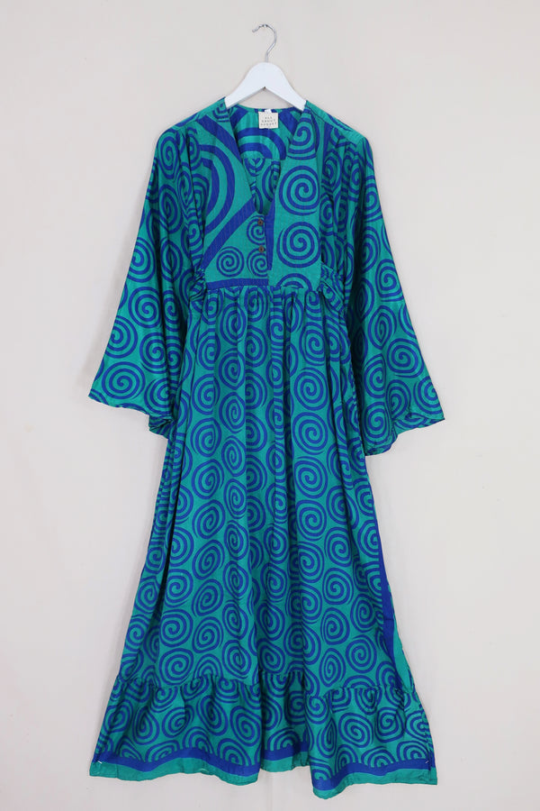 Lunar Maxi Dress - Vintage Sari - Indigo & Sky Swirls - Size S/M