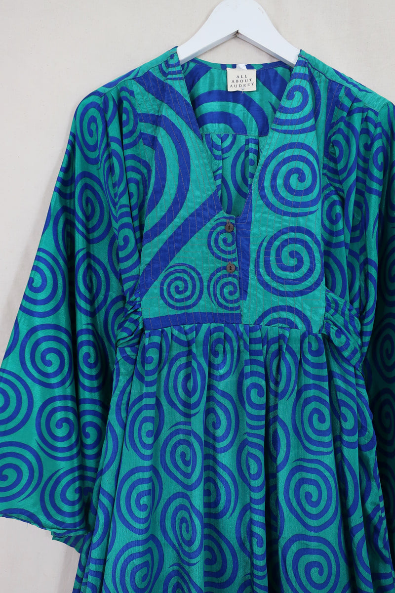 Lunar Maxi Dress - Vintage Sari - Indigo & Sky Swirls - Size S/M