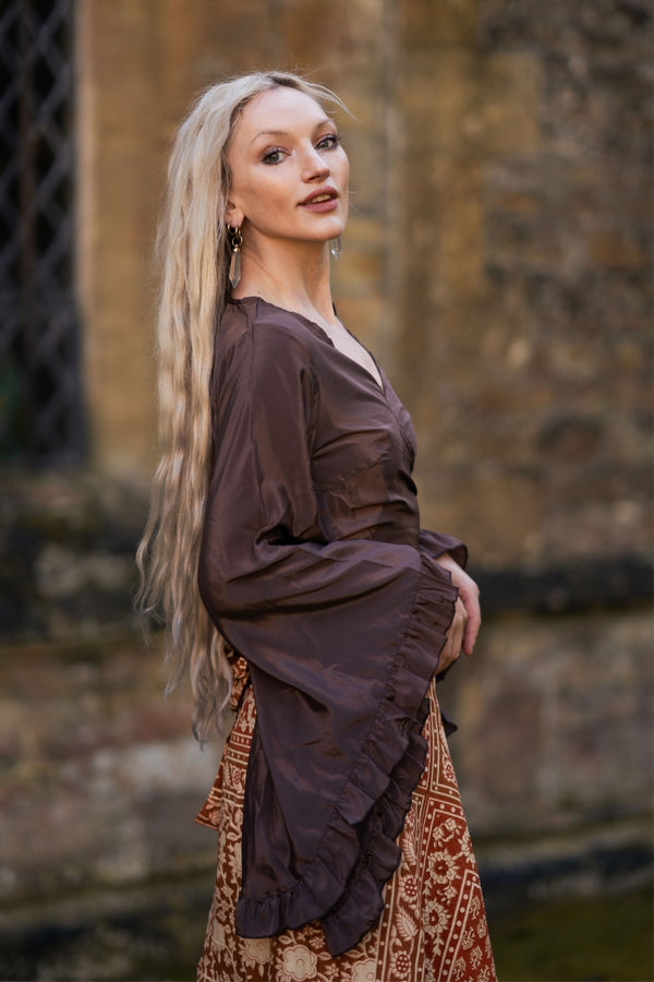 Khroma Venus Wrap Top in Hickory Moth Brown by All About Audrey