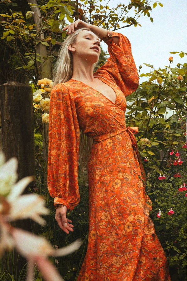 Lola Folklore Floral Wrap Dress in Maple Orange by all about audrey