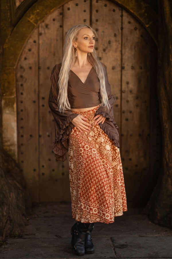 Emmylou Patchwork Wrap Skirt in Desert Orange & Brown By All About Audrey