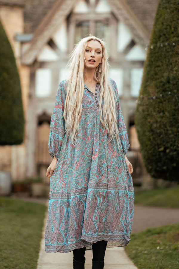 Florence Midi Dress - Powder Blue & Peach Paisley Floral - ALL SIZES by all about audrey