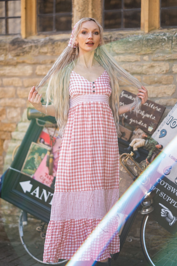 Jessie Maxi Dress in Strawberry Pink Gingham by All About Audrey