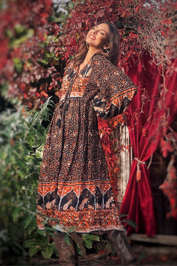 Peacock Primrose Bohemian Smock Midi Dress - Jet Black & Terracotta Rayon - ALL SIZES by All About Audrey